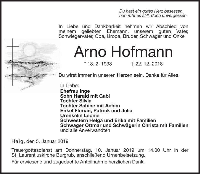  Traueranzeige für Arno Hofmann vom 05.01.2019 aus Neue Presse Coburg