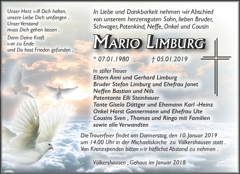  Traueranzeige für Mario Limburg vom 08.01.2019 aus Südthüringer Presse