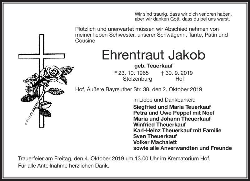  Traueranzeige für Ehrentraud Jakob vom 02.10.2019 aus Frankenpost