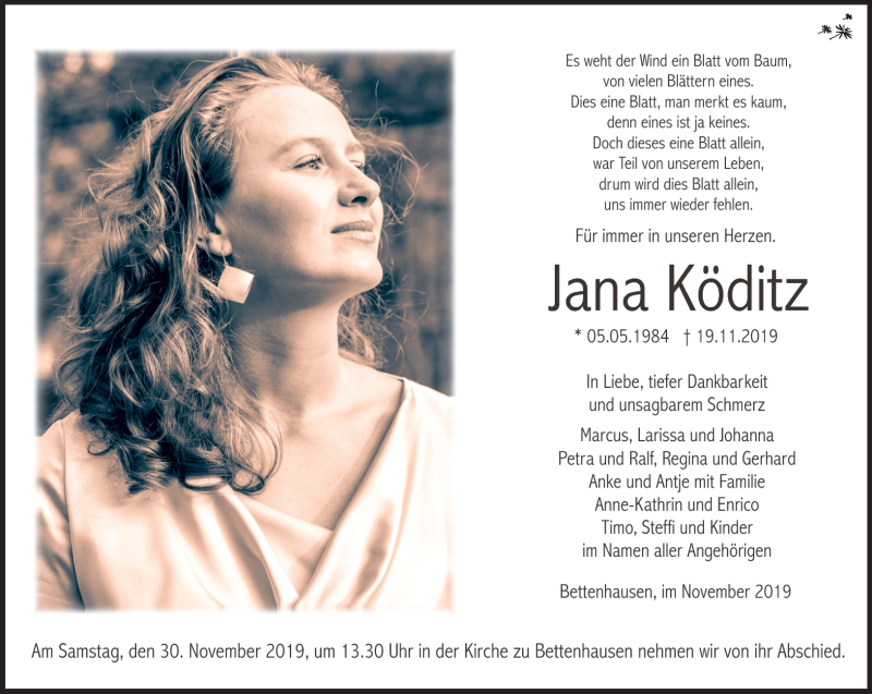  Traueranzeige für Jana Köditz vom 26.11.2019 aus Südthüringer Presse