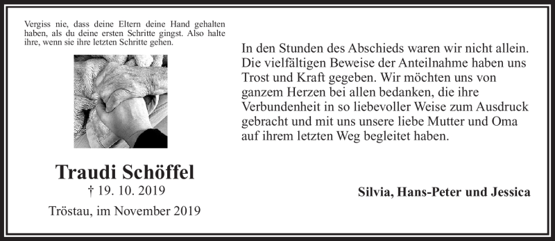  Traueranzeige für Traudi Schöffel vom 28.11.2019 aus Frankenpost