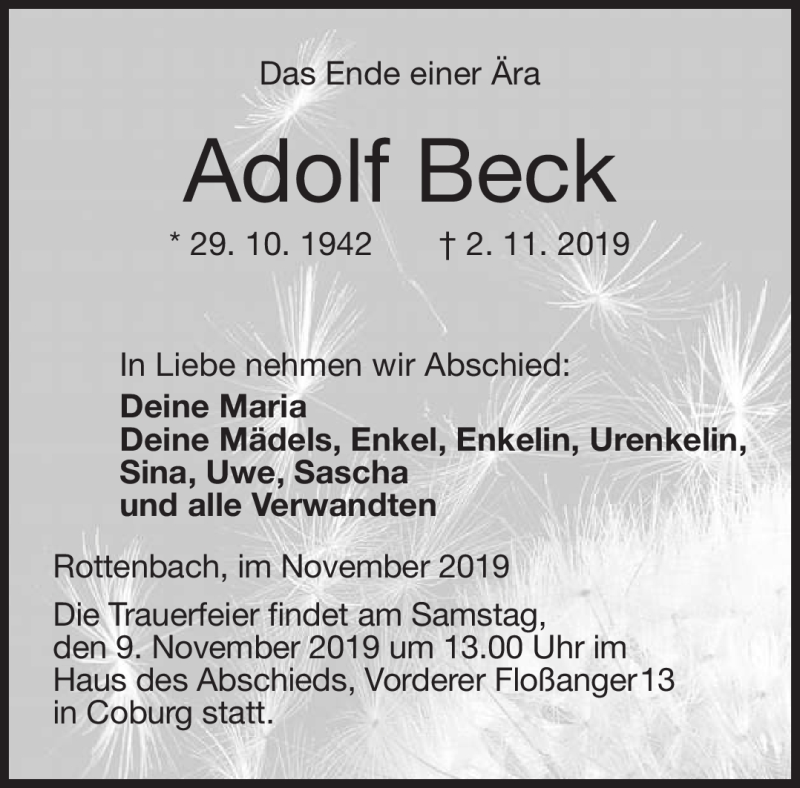  Traueranzeige für Adolf Beck vom 07.11.2019 aus Neue Presse Coburg