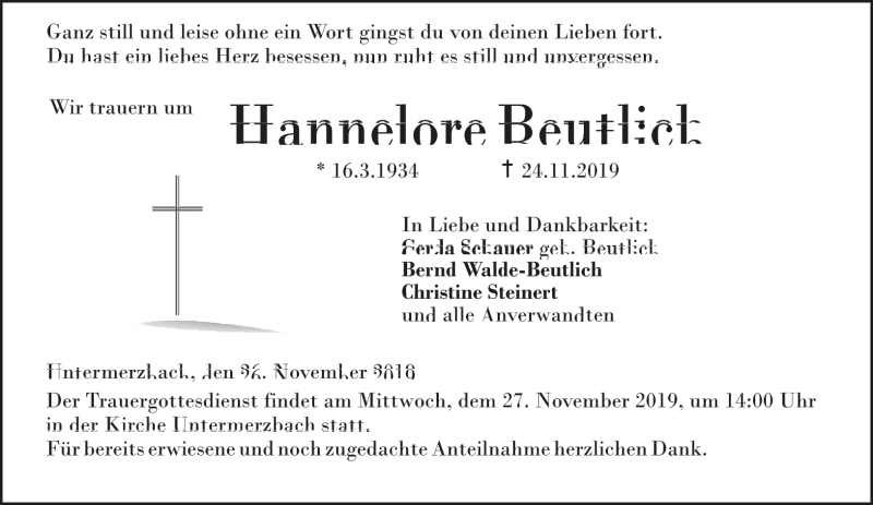  Traueranzeige für Hannelore Beutlich vom 26.11.2019 aus Neue Presse Coburg