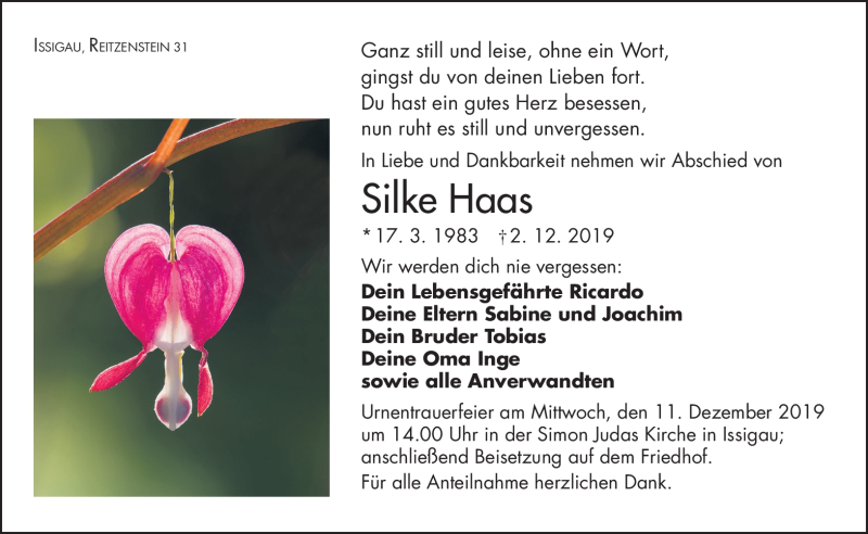 Traueranzeige für Silke Haas vom 07.12.2019 aus Frankenpost