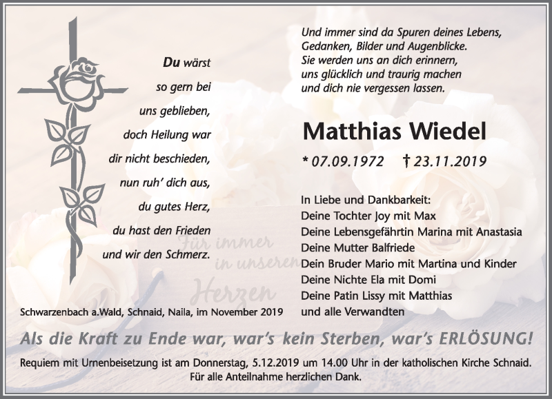  Traueranzeige für Matthias Wiedel vom 02.12.2019 aus Frankenpost