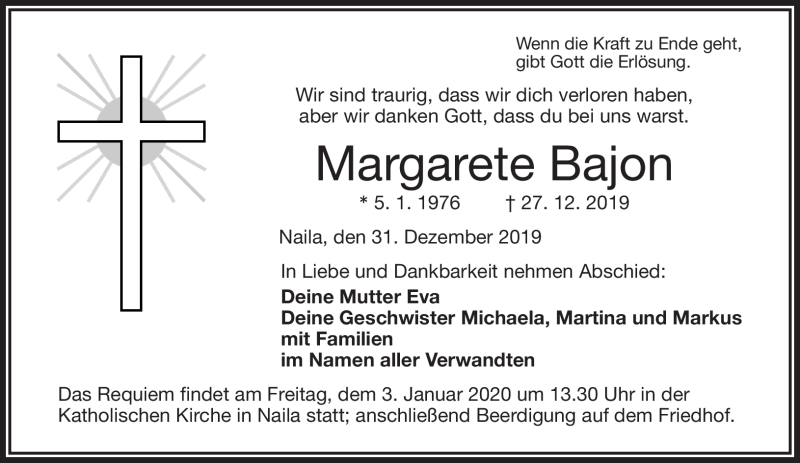  Traueranzeige für Margarete Bajon vom 31.12.2019 aus Frankenpost