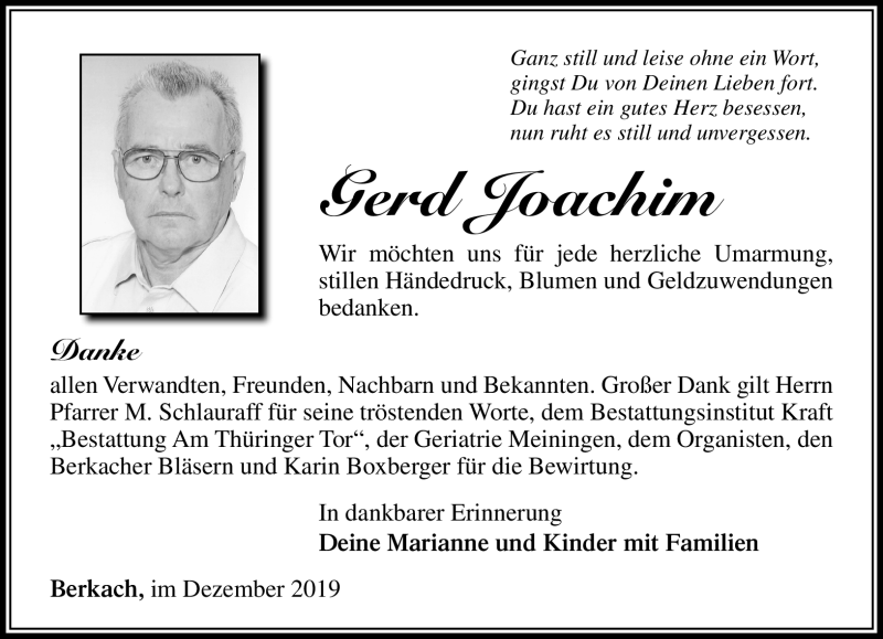  Traueranzeige für Gerd Joachim vom 14.12.2019 aus Südthüringer Presse