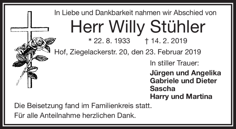  Traueranzeige für Willi Stühler vom 23.02.2019 aus Frankenpost