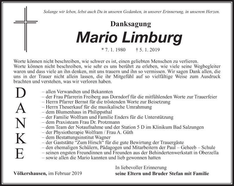  Traueranzeige für Mario Limburg vom 12.02.2019 aus Südthüringer Presse