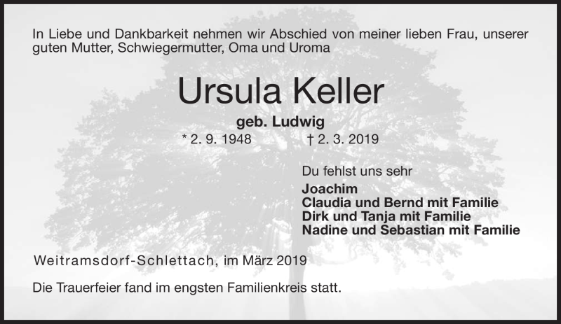  Traueranzeige für Ursula Keller vom 12.03.2019 aus Neue Presse Coburg