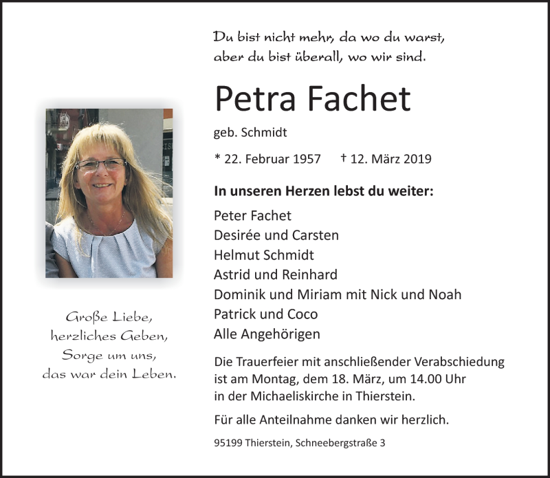  Traueranzeige für Petra Fachet vom 16.03.2019 aus Frankenpost