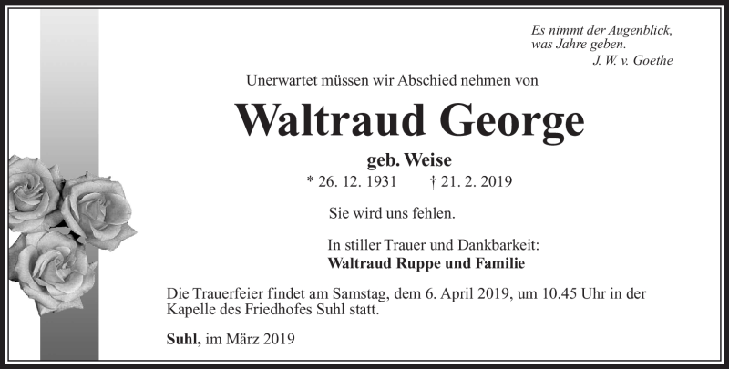  Traueranzeige für Waltraud George vom 02.03.2019 aus Südthüringer Presse