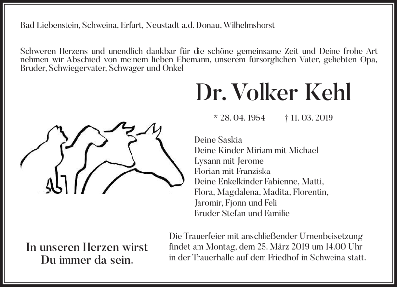  Traueranzeige für Volker Kehl vom 16.03.2019 aus Südthüringer Presse