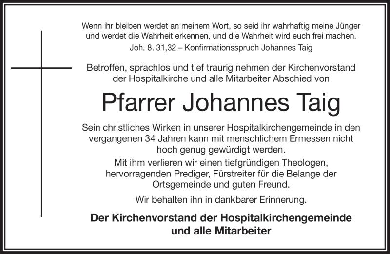  Traueranzeige für Johannes Taig vom 28.03.2019 aus Frankenpost
