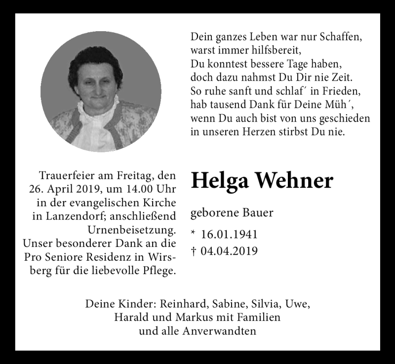  Traueranzeige für Helga Wehner vom 24.04.2019 aus Frankenpost