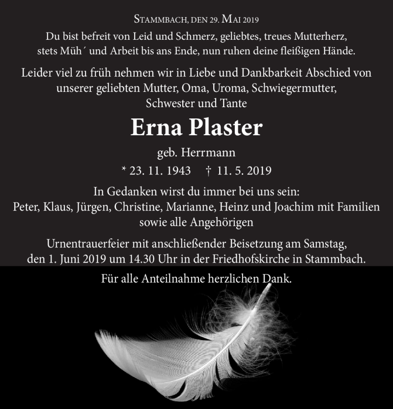  Traueranzeige für Erna Plaster vom 29.05.2019 aus Frankenpost