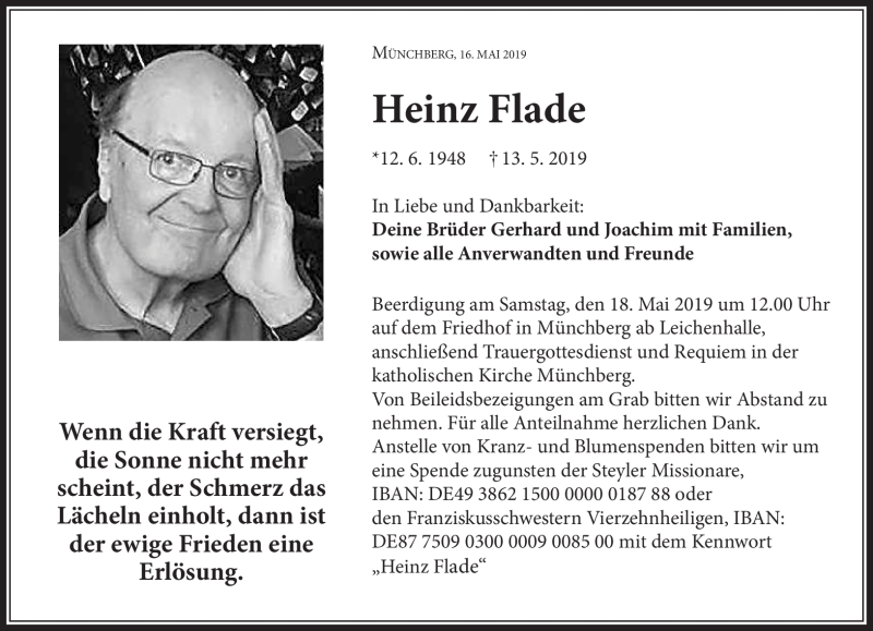  Traueranzeige für Heinz Flade vom 16.05.2019 aus Frankenpost