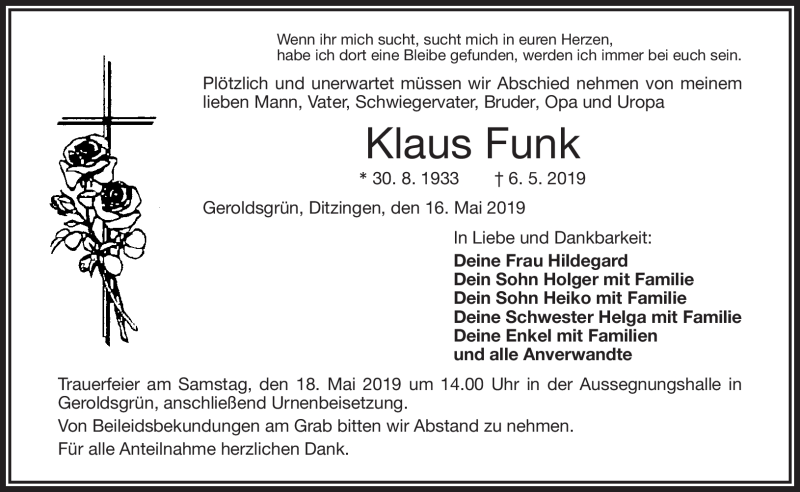  Traueranzeige für Klaus Funk vom 16.05.2019 aus Frankenpost