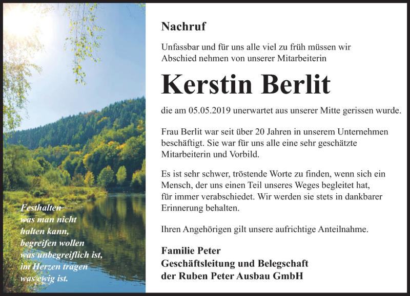  Traueranzeige für Kerstin Berlit vom 18.05.2019 aus Südthüringer Presse