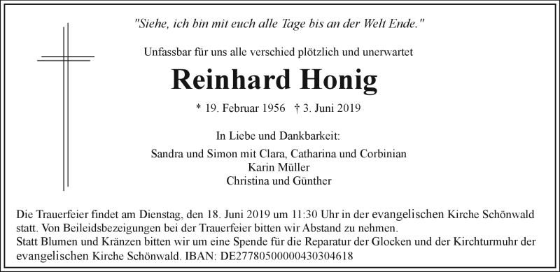  Traueranzeige für Reinhard Honig vom 15.06.2019 aus Frankenpost