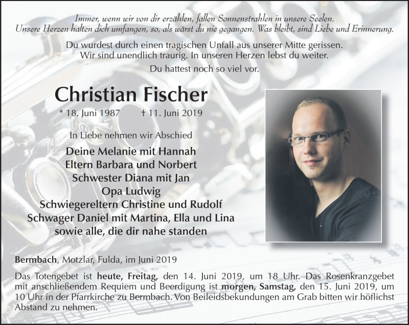  Traueranzeige für Christian Fischer vom 14.06.2019 aus Südthüringer Presse