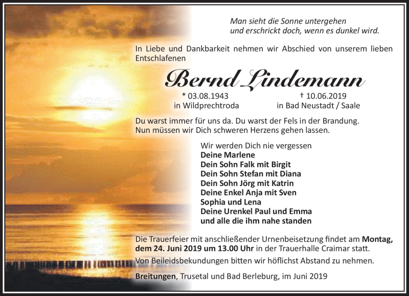  Traueranzeige für Bernd Lindemann vom 15.06.2019 aus Südthüringer Presse