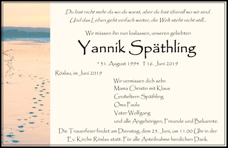  Traueranzeige für Yannik Späthling vom 22.06.2019 aus Frankenpost