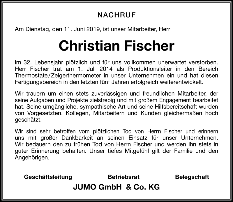  Traueranzeige für Christian Fischer vom 14.06.2019 aus Südthüringer Presse