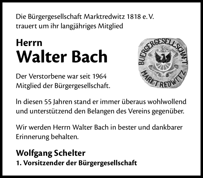  Traueranzeige für Walter Bach vom 04.06.2019 aus Frankenpost