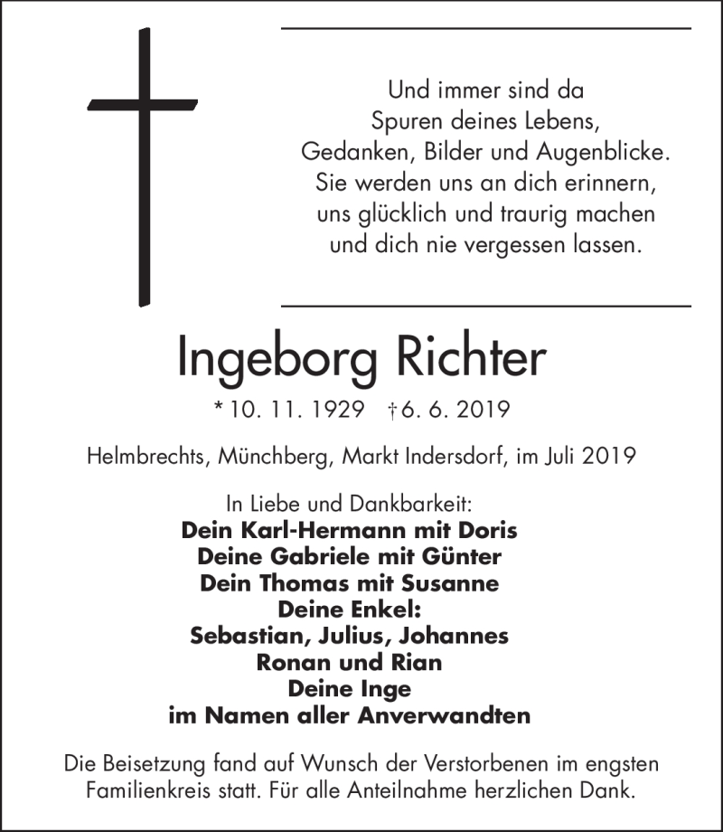  Traueranzeige für Ingeborg Richter vom 15.07.2019 aus Frankenpost
