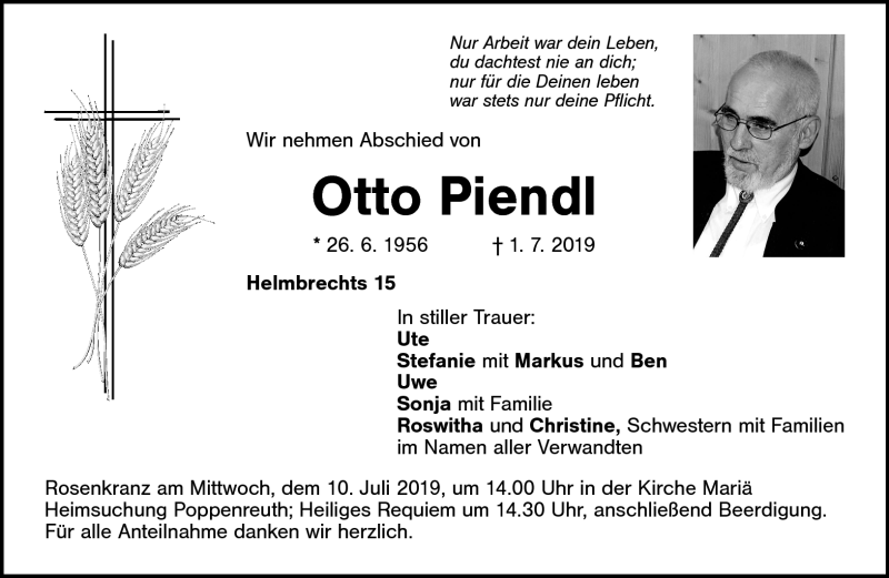  Traueranzeige für Otto Piendl vom 08.07.2019 aus Frankenpost