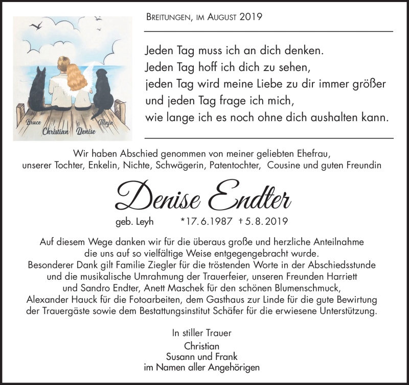 Traueranzeige für Denise Endter vom 24.08.2019 aus Südthüringer Presse