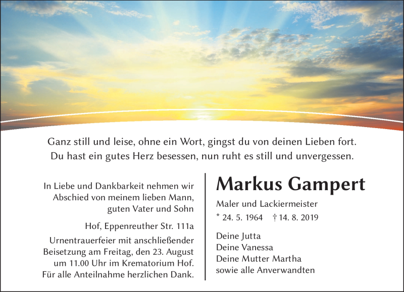  Traueranzeige für Markus Gampert vom 20.08.2019 aus Frankenpost