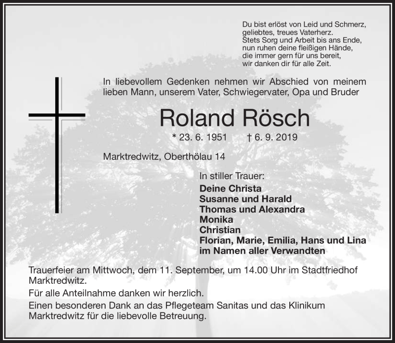  Traueranzeige für Roland Rösch vom 10.09.2019 aus Frankenpost