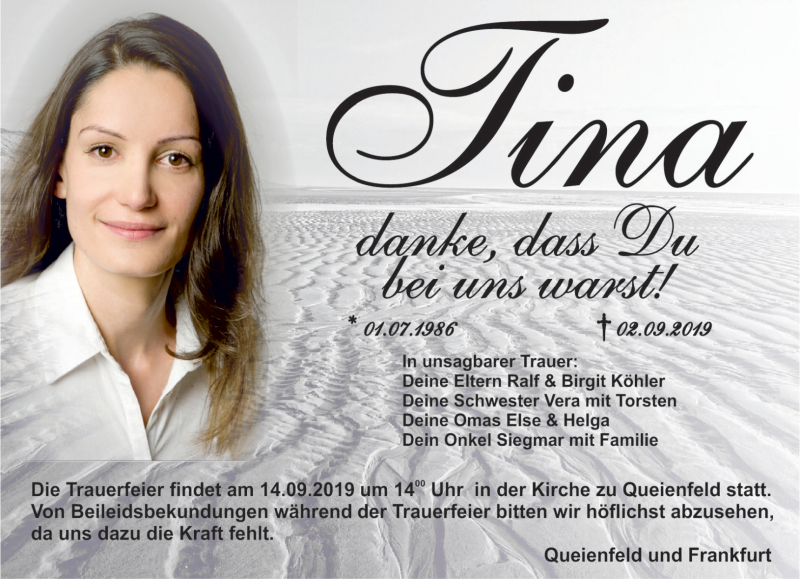  Traueranzeige für Tina Köhler vom 10.09.2019 aus Südthüringer Presse