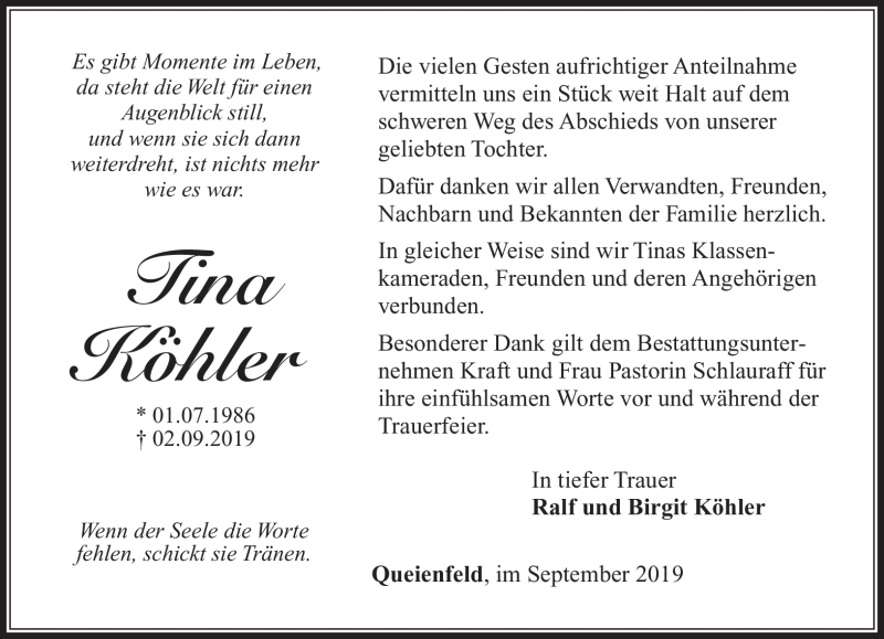  Traueranzeige für Tina Köhler vom 27.09.2019 aus Südthüringer Presse
