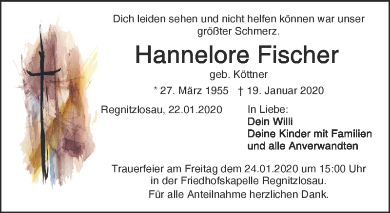  Traueranzeige für Hannelore Fischer vom 22.01.2020 aus Frankenpost