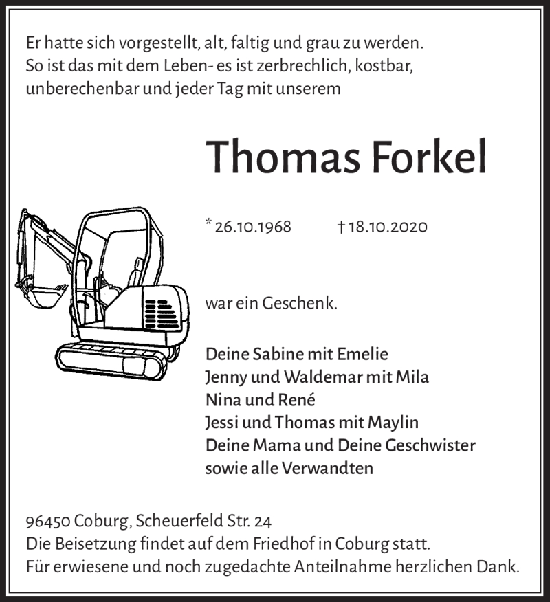  Traueranzeige für Thomas Forkel vom 21.10.2020 aus Neue Presse Coburg