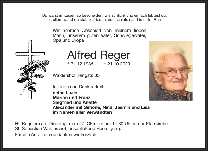  Traueranzeige für Alfred Reger vom 24.10.2020 aus Frankenpost
