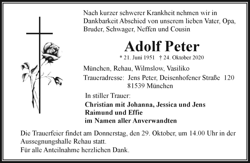  Traueranzeige für Adolf Peter vom 27.10.2020 aus Frankenpost