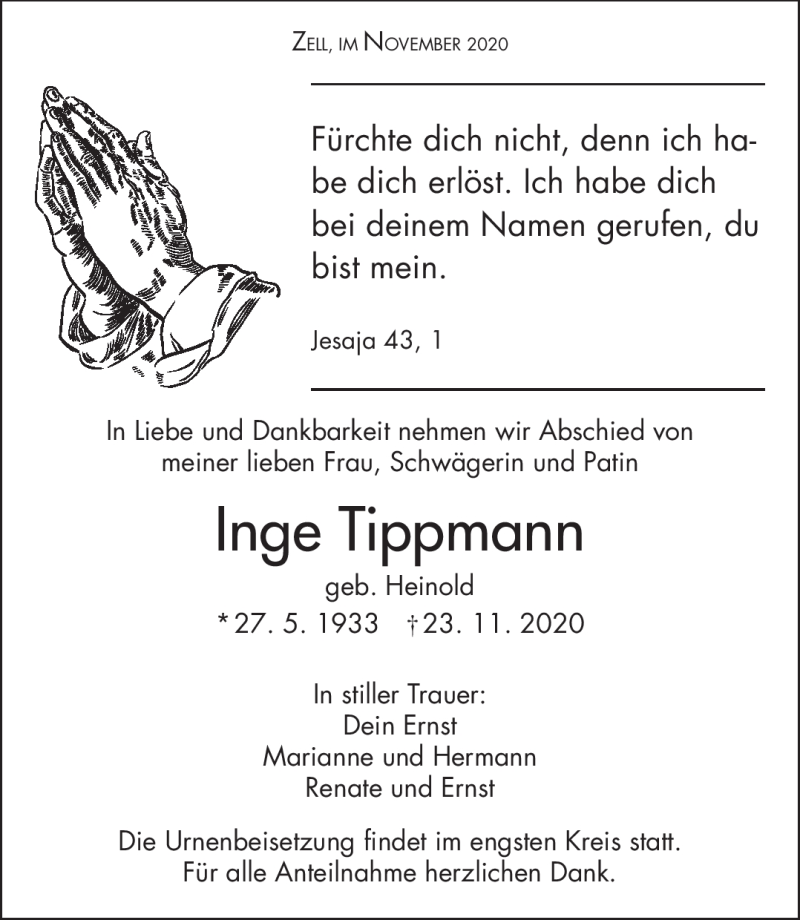  Traueranzeige für Inge Tippmann vom 28.11.2020 aus Frankenpost