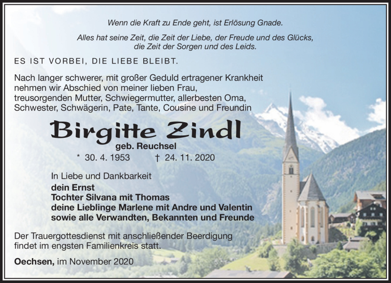  Traueranzeige für Brigitte Zindl vom 26.11.2020 aus Südthüringer Presse