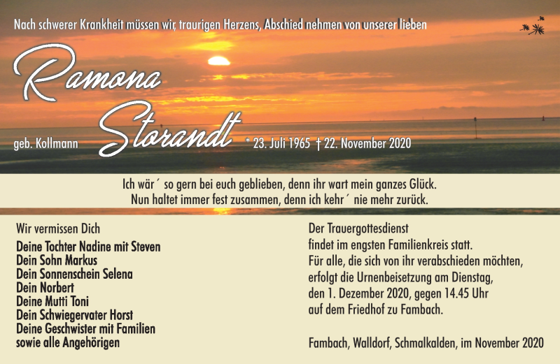  Traueranzeige für Ramona Storandt vom 26.11.2020 aus Südthüringer Presse