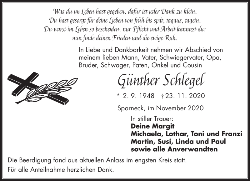  Traueranzeige für Günther Schlegel vom 28.11.2020 aus Frankenpost
