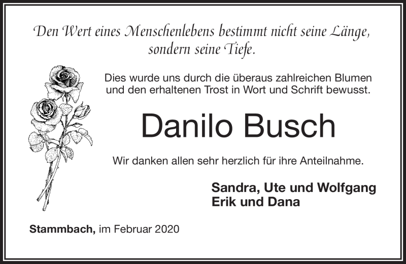  Traueranzeige für Danilo Busch vom 08.02.2020 aus Frankenpost