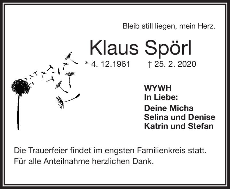  Traueranzeige für Klaus Spörl vom 28.02.2020 aus Frankenpost