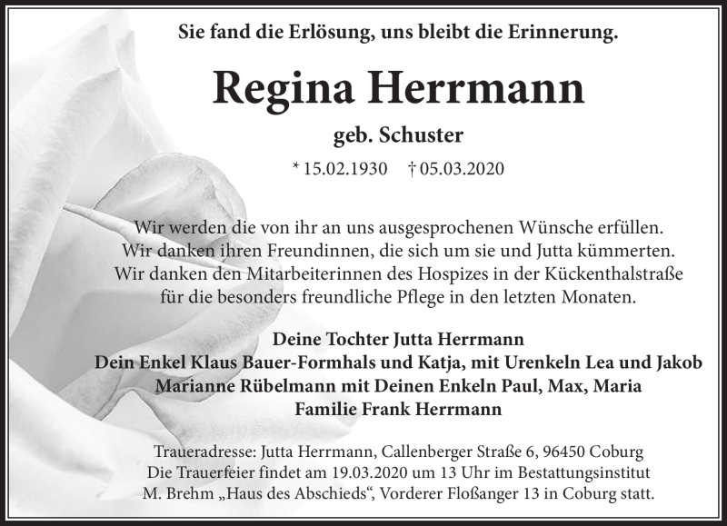  Traueranzeige für Regina Herrmann vom 11.03.2020 aus Neue Presse Coburg