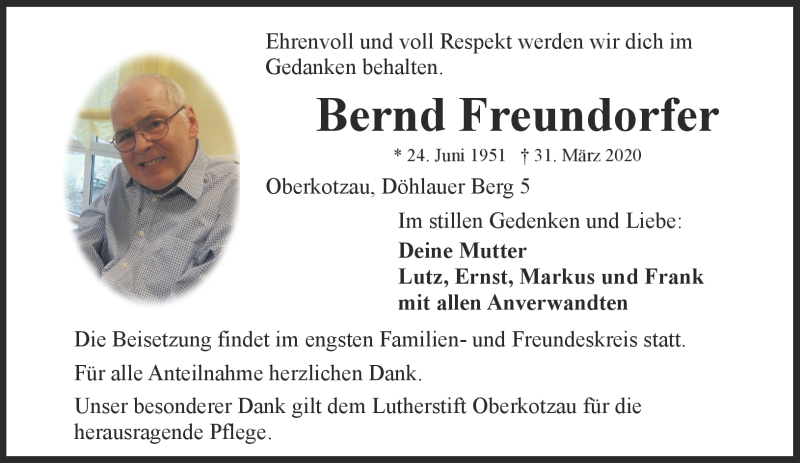  Traueranzeige für Bernd Freundorfer vom 04.04.2020 aus Frankenpost