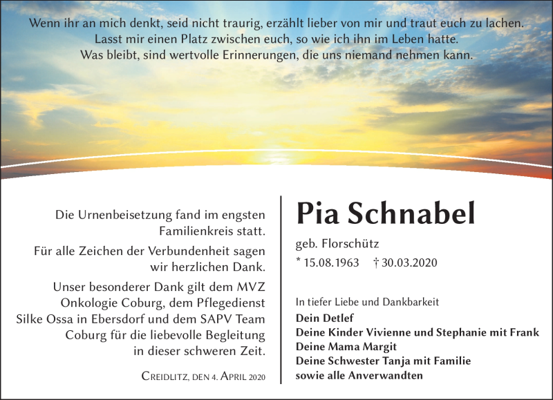  Traueranzeige für Pia Schnabel vom 04.04.2020 aus Neue Presse Coburg