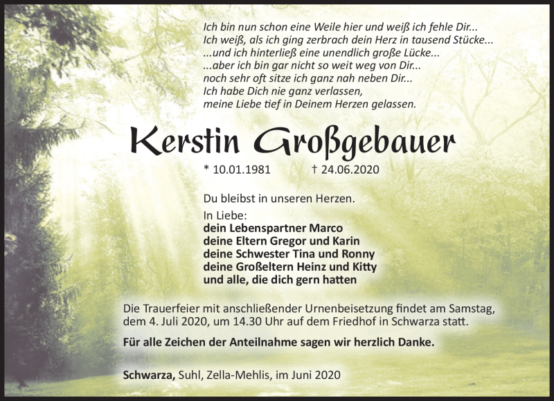  Traueranzeige für Kerstin Großgebauer vom 27.06.2020 aus Südthüringer Presse